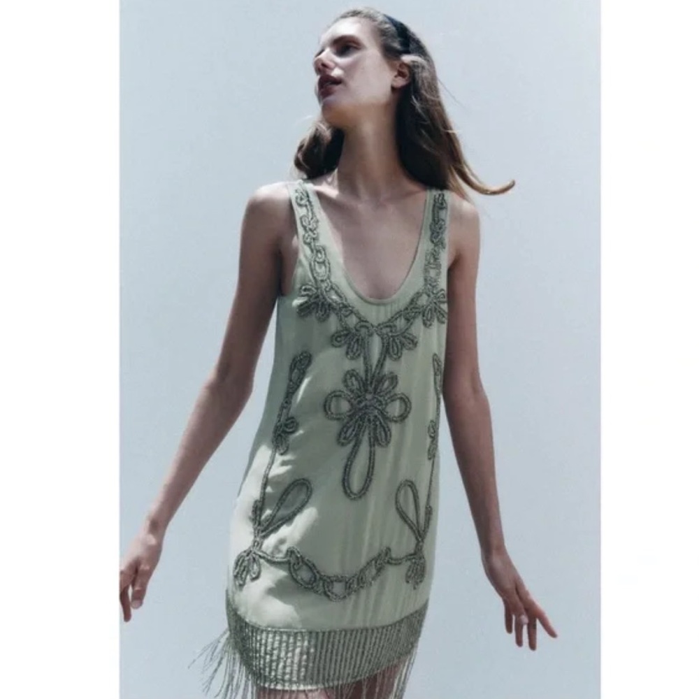 Zara Green Fringe Beaded Embellished Mini Dress
